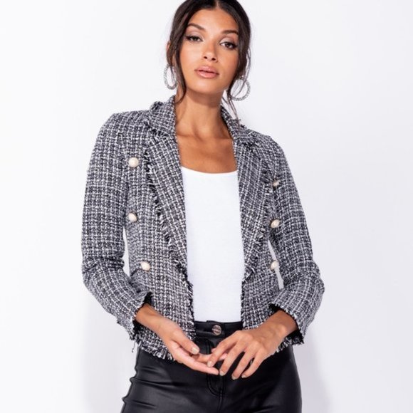 Trist Black & White Pearl Detail Tweed Blazer - Picture 4 of 11
